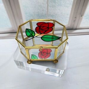 Vtg Powell Rose Glass Octagon Curio Box IOB Mirror Bottom Trinket Jewelry Holder